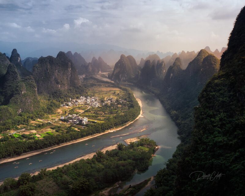 The Li River winding through the iconic karst mountains of Guilin, one of the most breathtaking natural landscapes in China.