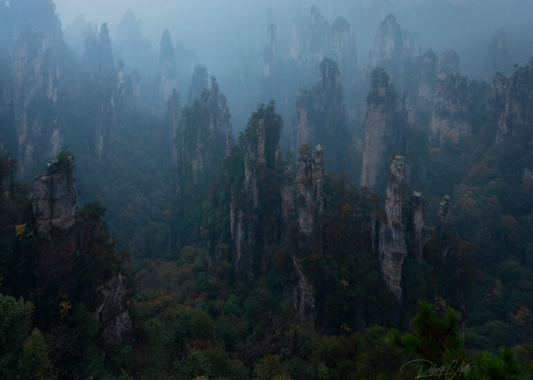 Panoramic view of the sandstone pillars of Zhangjiajie National Forest Park rising through winter mist in Hunan, China.