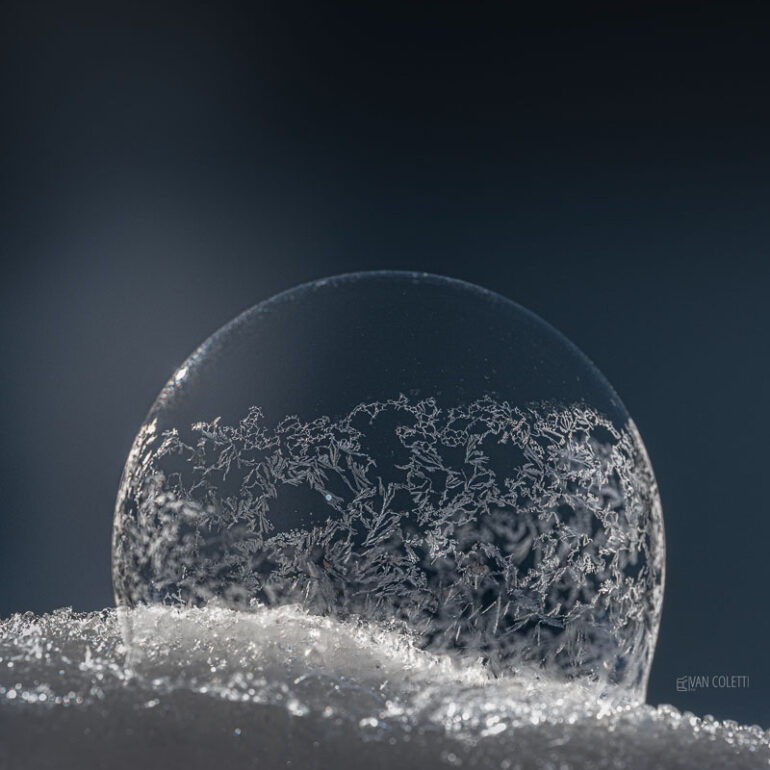 Frozen soap bubble covered with delicate ice crystals during a cold winter morning, revealing intricate natural patterns.