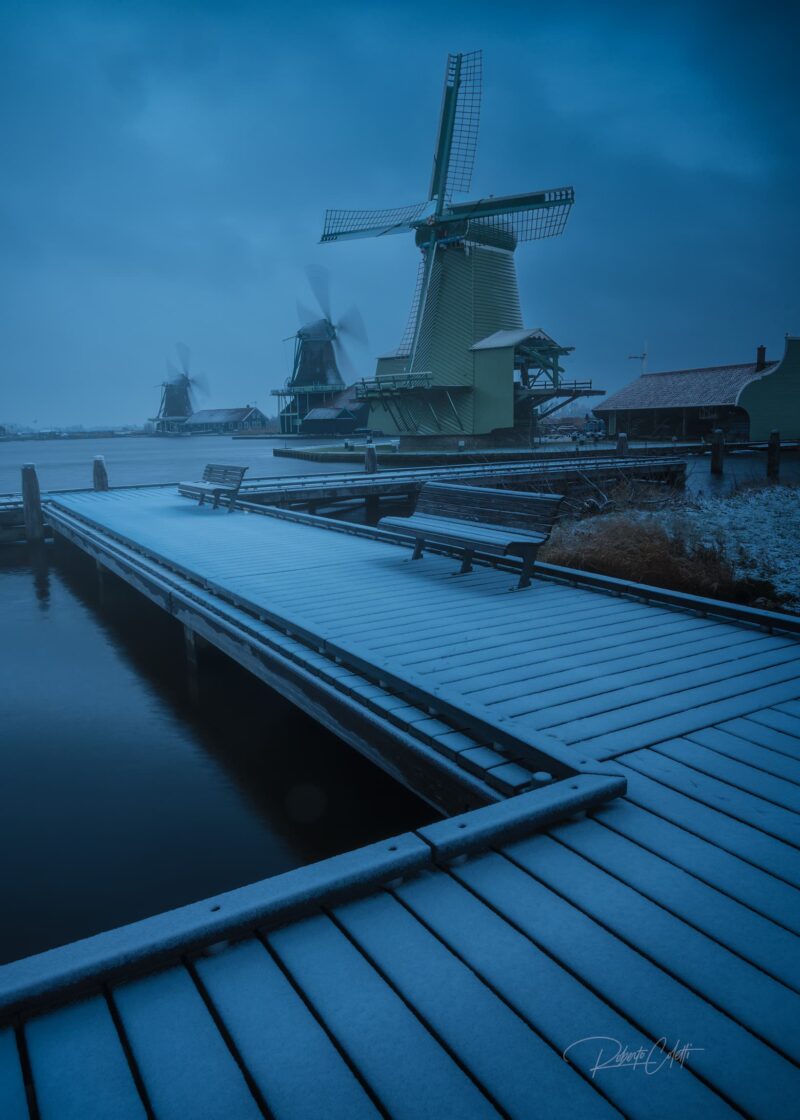 Historic Dutch windmills covered by the first snowfall during the blue hour at dawn in Zaanse Schans, the Netherlands.