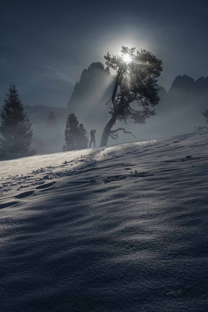 Backlit fresh snow across Alpe di Siusi (Seiser Alm) in the Italian Dolomites after a winter snowfall, glowing in warm mountain light.