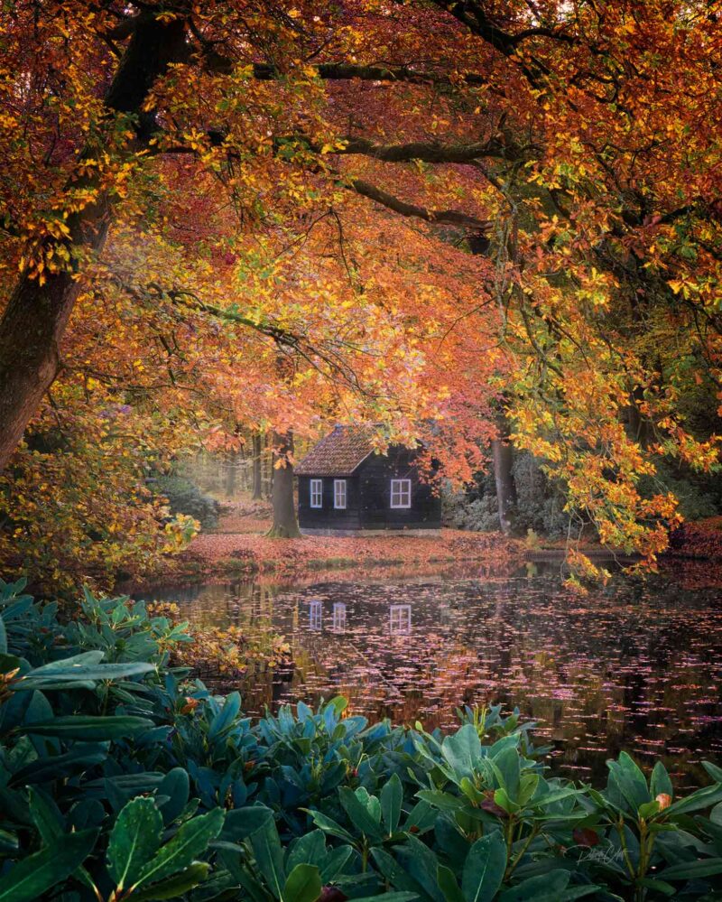 Autumn foliage reflected in the lake beside the iconic black pavilion in the gardens of Paleis Het Loo, the Netherlands.