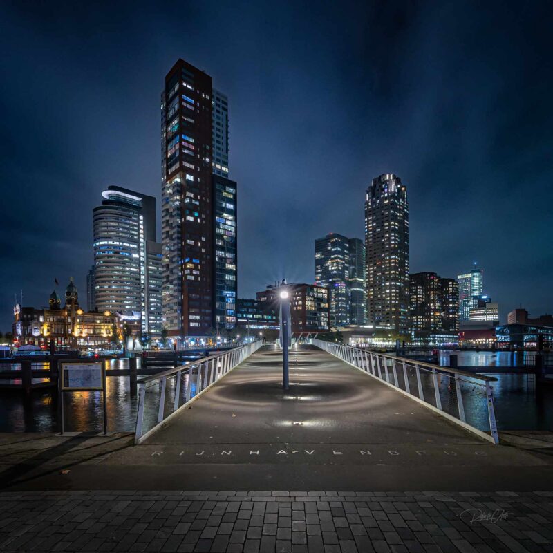 Night view of the Rotterdam skyline illuminated above the Nieuwe Maas River in the Netherlands.