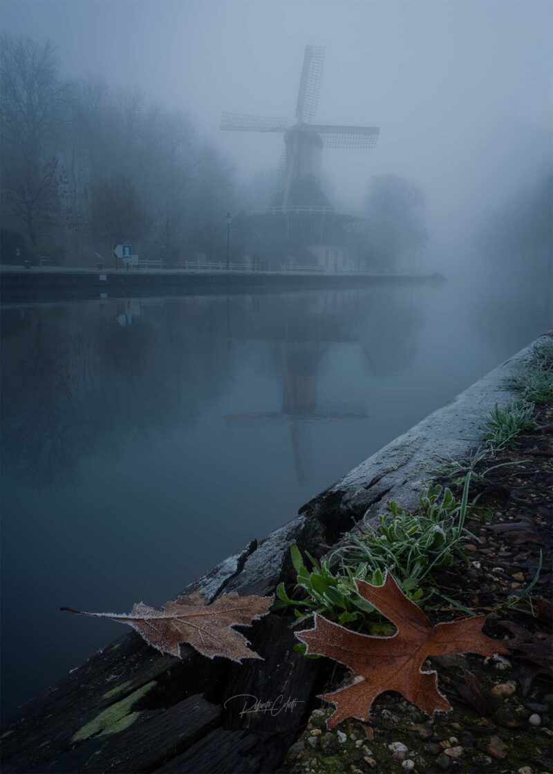 Historic canals and a traditional Dutch windmill surrounded by autumn mist in Weesp, the Netherlands, during a peaceful morning.