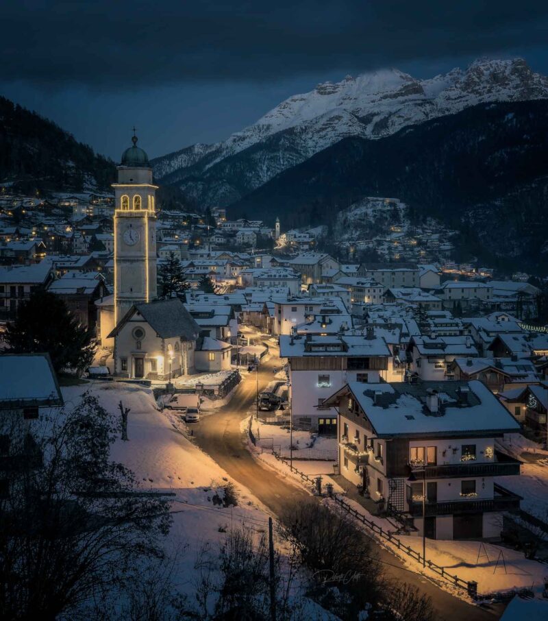 Living Nativity scene in Tai di Cadore, Italy, on a winter evening in the Dolomites, celebrating one of the oldest Christmas traditions.
