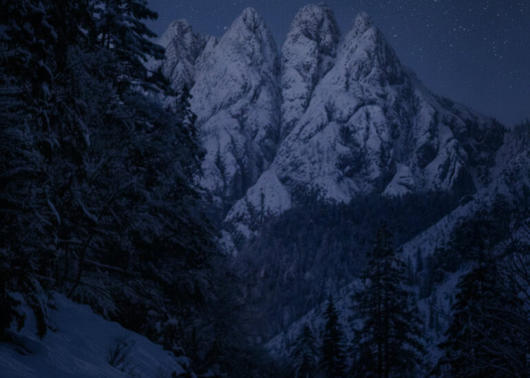 Snow-covered mountain peaks beneath a star-filled winter sky in Friuli Venezia Giulia, Italy.
